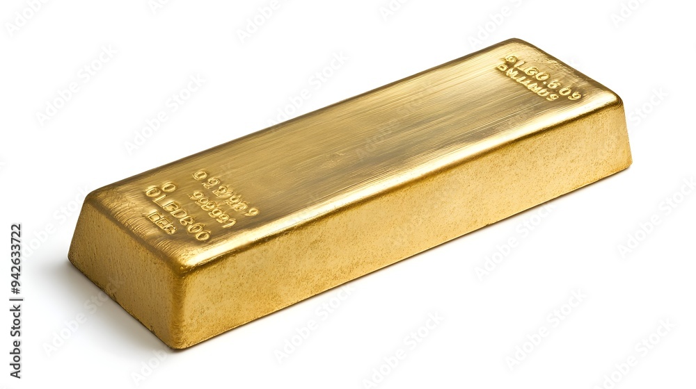 Closeup of a shiny gold bar with engraved details of weight and purity isolated on a clean white background This image represents the concept of finance investment and wealth Closeup of a shiny gold bar with engraved details of weight and purity isolated on a clean white background This image represents the concept of finance investment and wealth