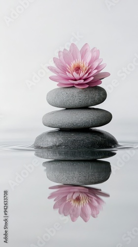 Pink Flower on Stones Reflecting in Water.