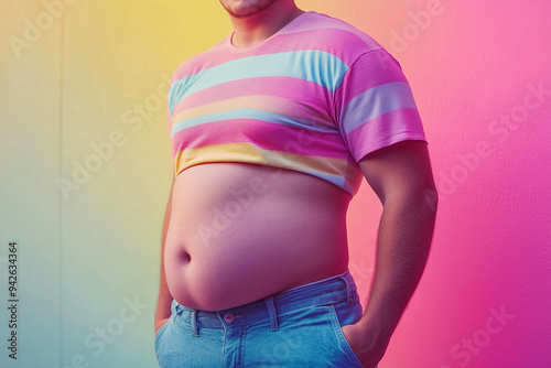 Portrait of obese boy on pastel background, Obesity young age patient .