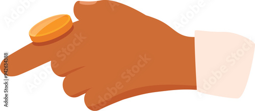 Businessman hand holding golden coin between fingers showing direction or making point