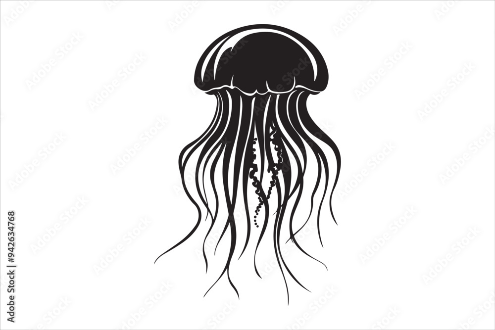 Fototapeta premium Trending Jellyfish Silhouette, Modern Marine life, Ocean, Sea creature, Underwater, Aquatic, Minimalist, Sea life, Transparent, Abstract, Vector, Sea, Black and white, Illustration, Marine, 