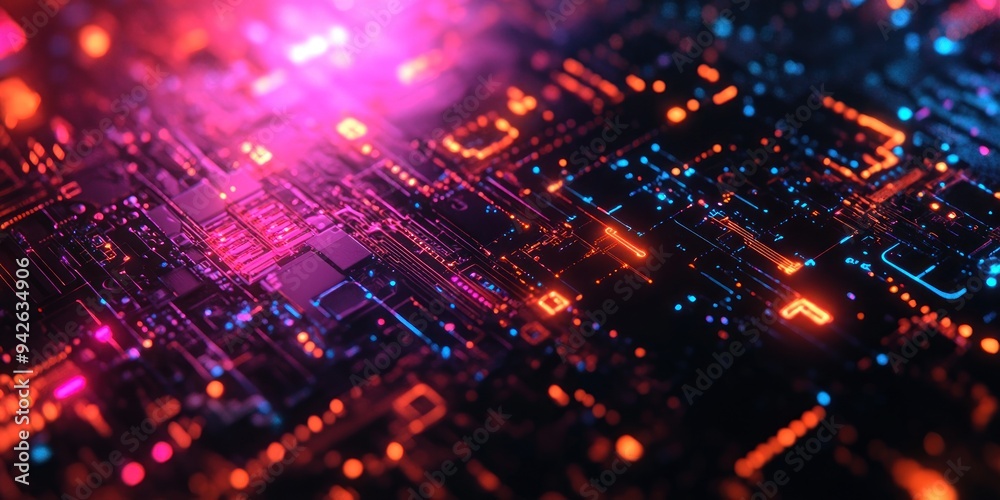 Fototapeta premium Abstract Circuit Board with Neon Lights and Glow