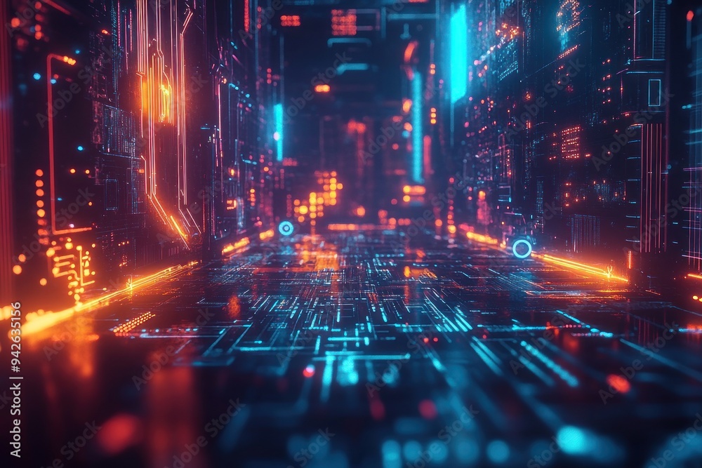Fototapeta premium Futuristic Neon Cityscape with Glowing Lines and Circuitry