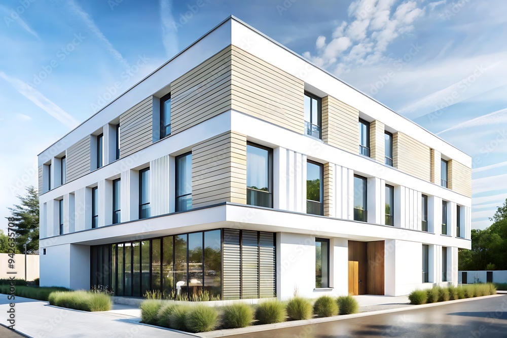 Modern Office Building with White Walls and Large Windows.