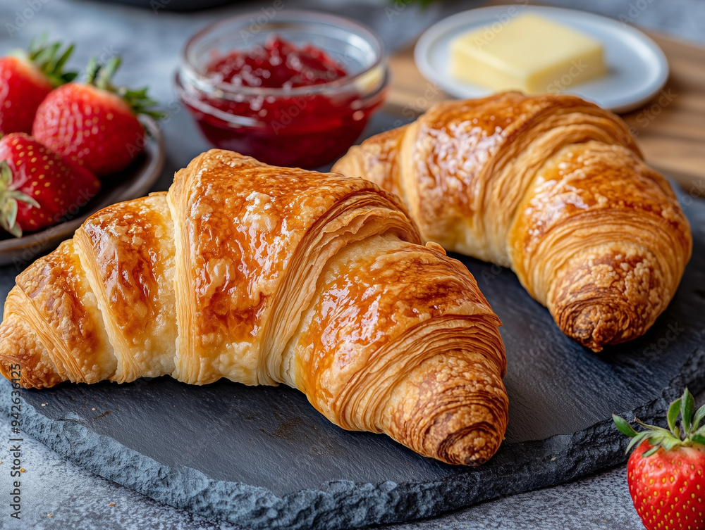 Buttery Croissants Served With Strawberry Jam And Fresh Butter On The Side Buttery Croissants Served With Strawberry Jam And Fresh Butter On The Side