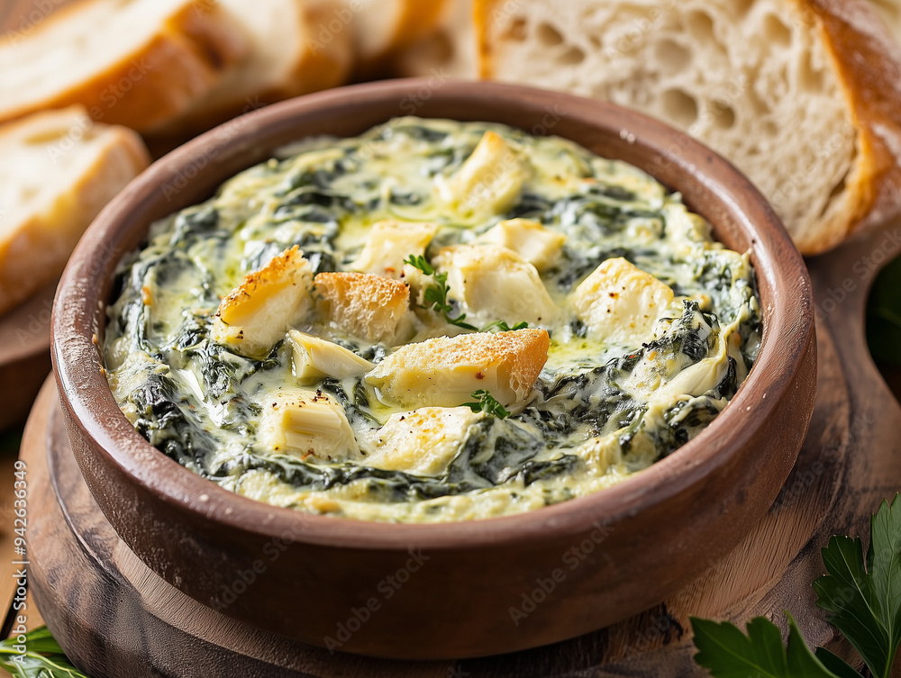 Creamy Spinach And Artichoke Dip Served With Warm, Crusty Bread Slices Creamy Spinach And Artichoke Dip Served With Warm, Crusty Bread Slices