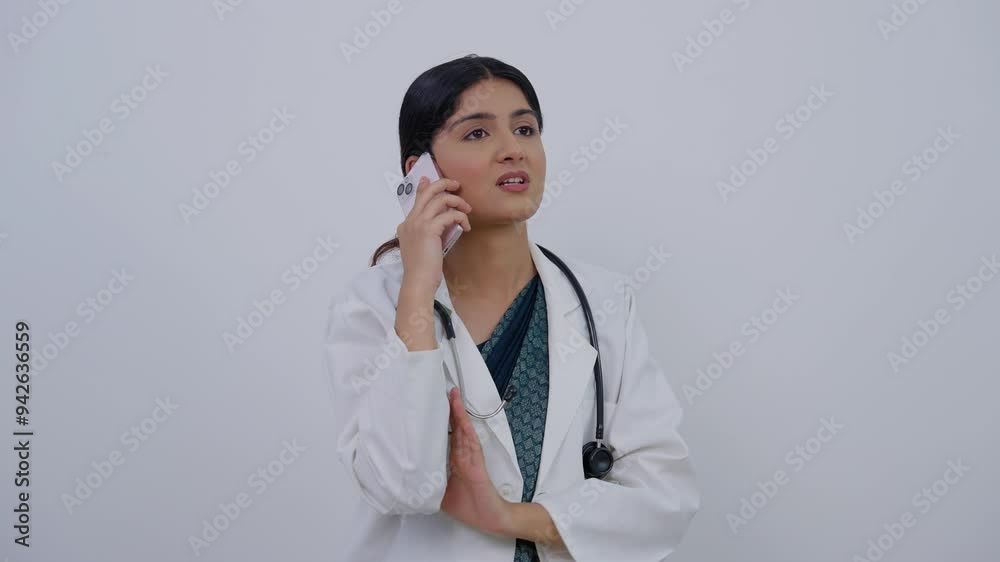 Stressed Indian Female Doctor Talking on Phone Call Stressed Indian Female Doctor Talking on Phone Call