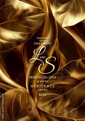 Elegant luxury leaves art wedding invitation template design, Luxury greeting design, save the date design, colorful texture, Hand drawn texture design for invitation