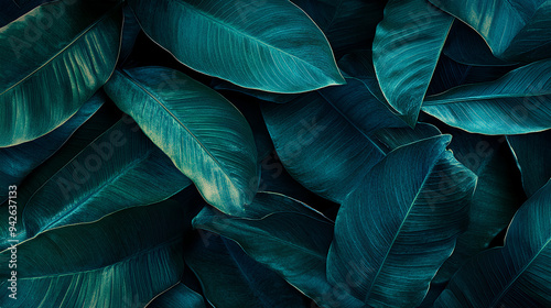 Textures of abstract very dark green leaves for tropical leaf background