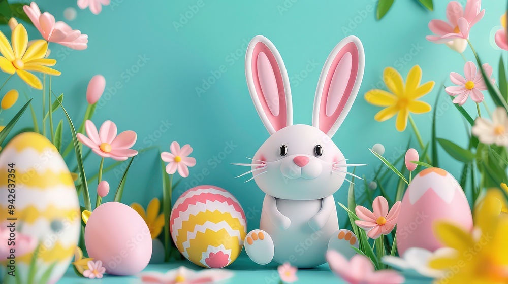Obraz premium A cute white bunny rabbit with pink ears sitting among colorful Easter eggs and flowers on a blue background.