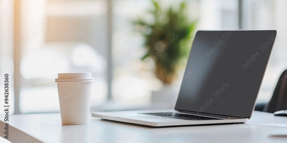 custom made wallpaper toronto digitalBlurred Modern Office Interior with Laptop and Coffee Cup on White Table, Minimalist Home Workspace for Online Education or Remote Business Concepts