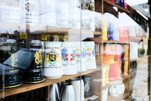 Souvenir store selling beer mugs with German style designs in Villa General Belgrano, Argentina photo