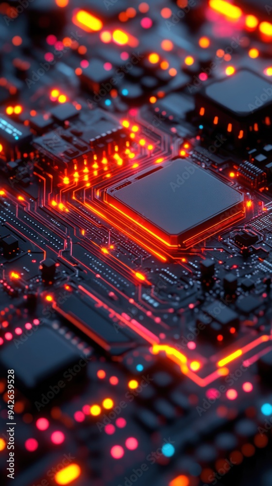 Close-up of a Glowing Circuit Board with a Processor Chip Close-up of a Glowing Circuit Board with a Processor Chip