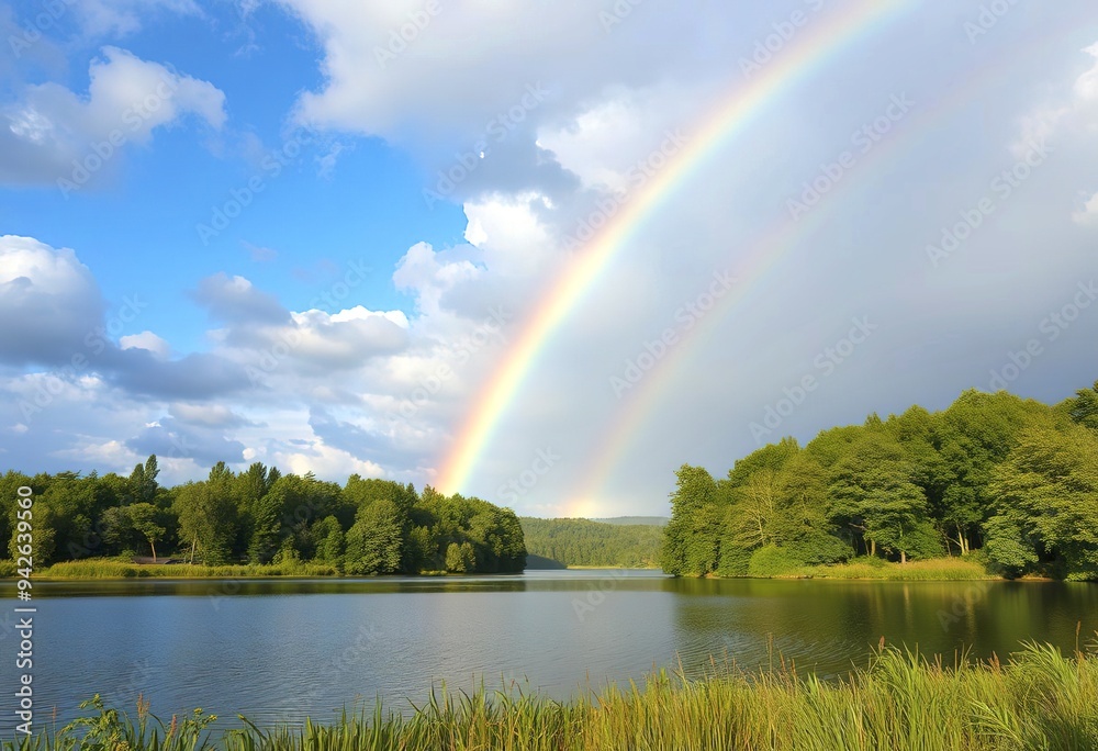 A vibrant rainbow arching across a serene lake surrounded by lush green trees, with a cloudy blue sky in the background A vibrant rainbow arching across a serene lake surrounded by lush green trees, with a cloudy blue sky in the background