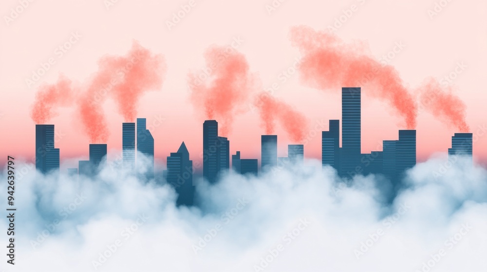 A city skyline shrouded in fog, with smoke rising from buildings against a pastel sky, illustrating urban pollution and environmental issues. A city skyline shrouded in fog, with smoke rising from buildings against a pastel sky, illustrating urban pollution and environmental issues.