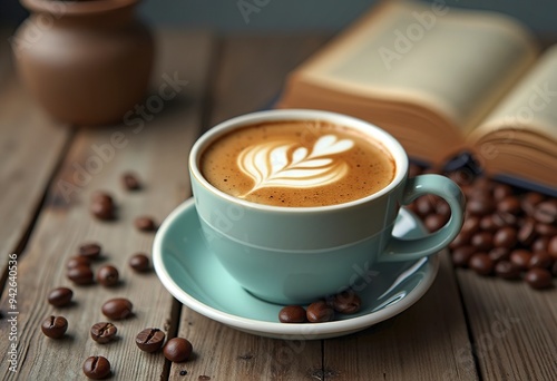 A cup of espresso coffee with coffee beans scattered on a wooden table