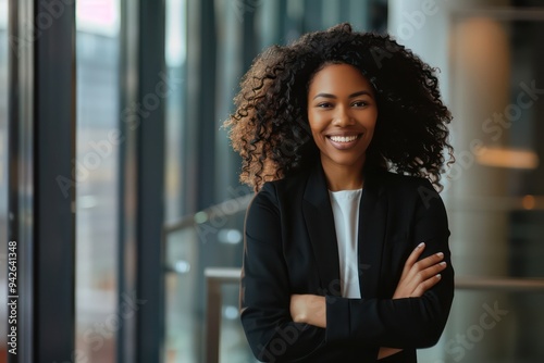 Portrait of a corporate woman smiling with folded arms, showcasing her professionalism and positive attitude in a business setting