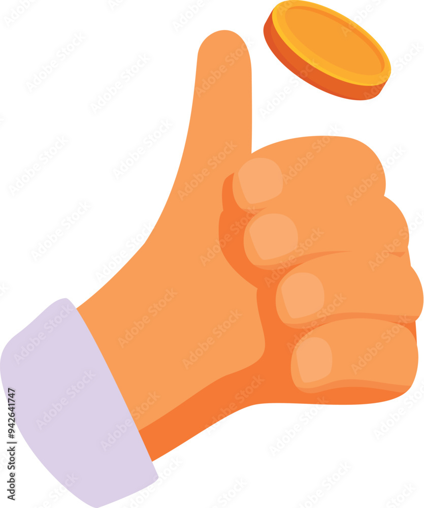 Businessman is showing a thumbs up sign while flipping a golden coin Businessman is showing a thumbs up sign while flipping a golden coin