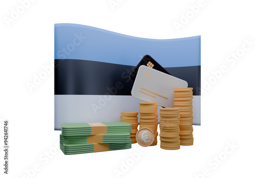 3D render illustration of Estonia flag and currency called Euro photo