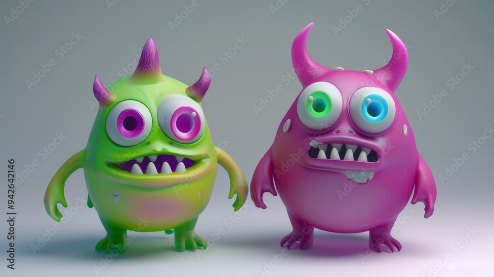 Colorful cute monster characters on plain 3D background with various expressions and styles, high-quality 4K resolution, super detailed. Colorful cute monster characters on plain 3D background with various expressions and styles, high-quality 4K resolution, super detailed.