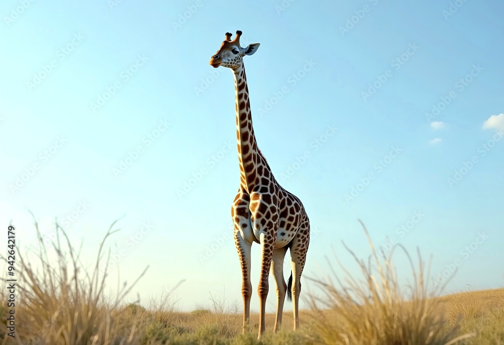 Obraz premium A tall giraffe with a long neck and spotted fur standing in a grassy field against a blue sky
