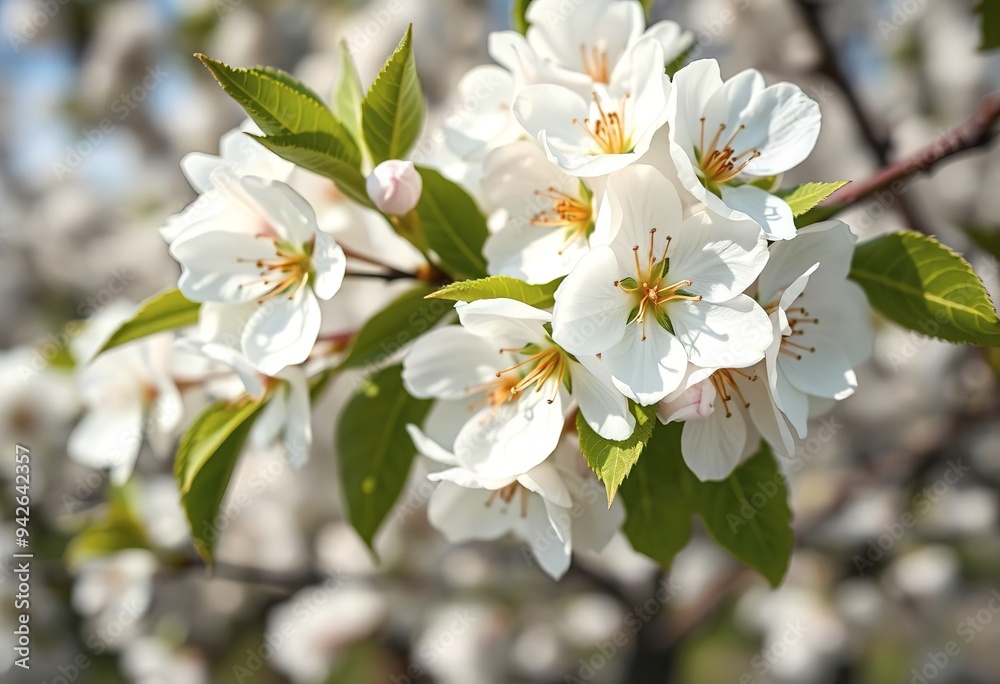 Close-up of white flowers with green leaves, blurred background Close-up of white flowers with green leaves, blurred background