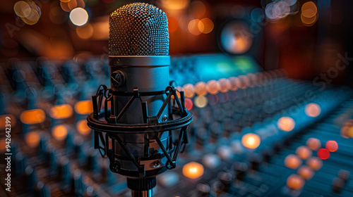a microphone in front of a sound board

