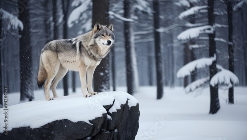 Grey wolf, canine predator, winter wonderland, snowy landscape, wild nature