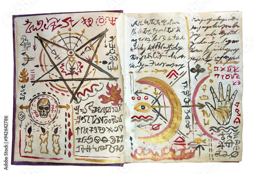 Hand drawn illustration of decorated old pages with mystic symbols from witch magic spell book. Gothic, occult and esoteric background. Only fantasy letters, no foreign language