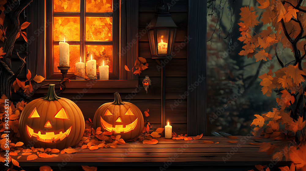 Obraz premium Background with halloween pumpkins, candles and autumn leaves on the wooden house porch