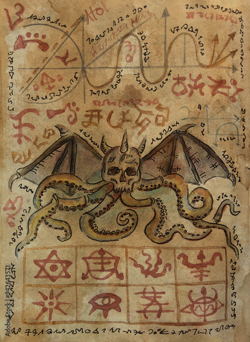 Hand drawn illustration of decorated old page with demon and mystic symbols from witch magic spell book. Gothic, occult and esoteric background. Only fantasy letters, no foreign language