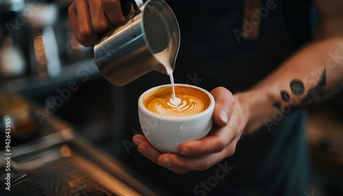 A gorgeous latte is being made behind the counter.