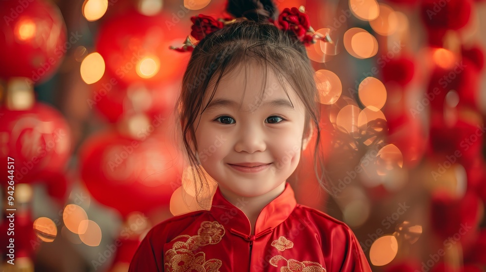 Festive background full body photo of little girl in red clothes during Spring Festival. Festive background full body photo of little girl in red clothes during Spring Festival.