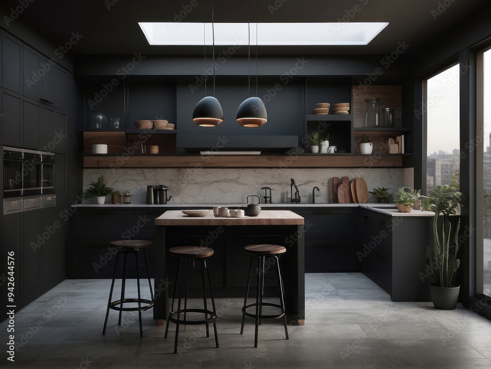 Modern Kitchen with Black Cabinets, Island, and Pendant Lights
