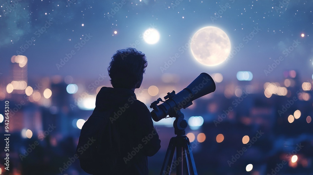 Astronomer with a telescope watching at the stars and Moon with blurred city lights in the background Astronomer with a telescope watching at the stars and Moon with blurred city lights in the background