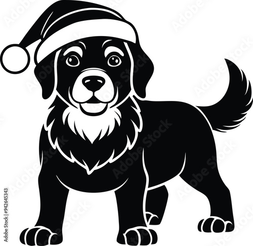 dog with christmas hat  silhouette illustration black and white
