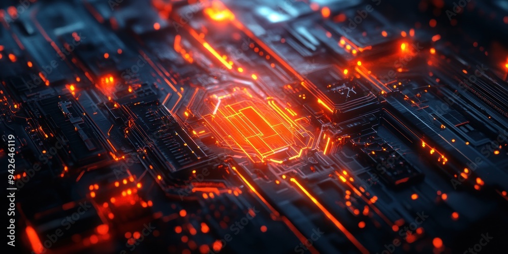 Glowing Orange Lines on a Futuristic Circuit Board Glowing Orange Lines on a Futuristic Circuit Board