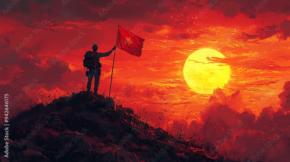 Artistic portrayal of a worker planting a flag on top of a hill, symbolizing achievement and triumph on Labour Day Artistic portrayal of a worker planting a flag on top of a hill, symbolizing achievement and triumph on Labour Day