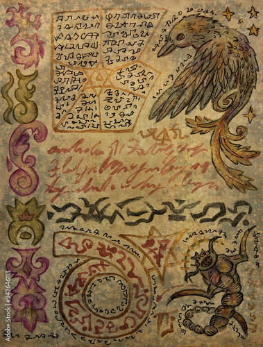 Hand drawn illustration of decorated old page with weird creatures and mystic symbols from witch magic spell book. Gothic, occult and esoteric background. Only fantasy letters, no foreign language