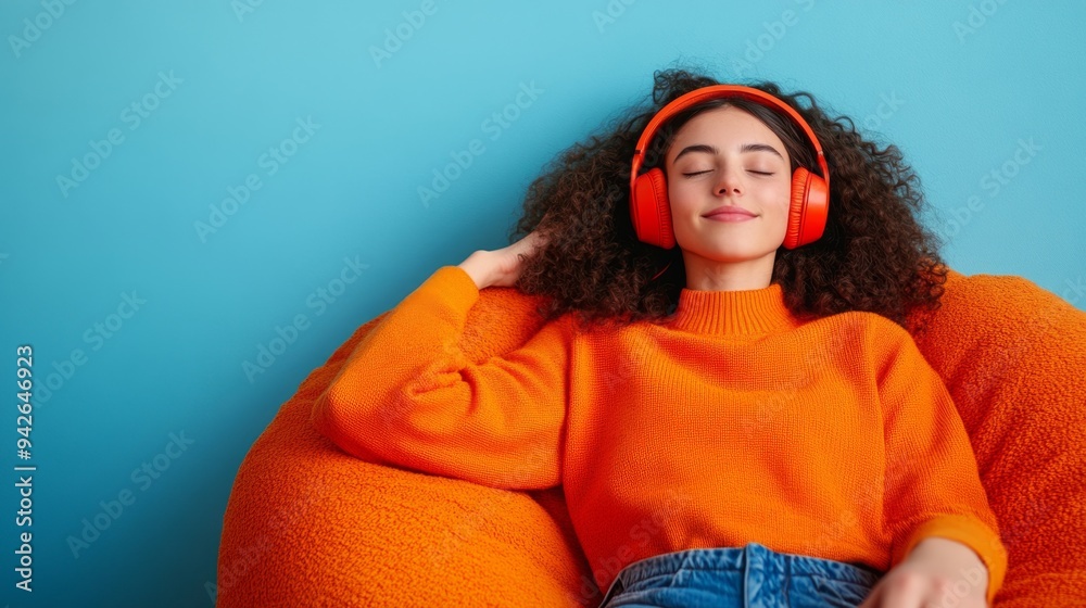 Serene Model Enjoying Music Relaxation in Bean Bag Chair with Headphones On Serene Model Enjoying Music Relaxation in Bean Bag Chair with Headphones On