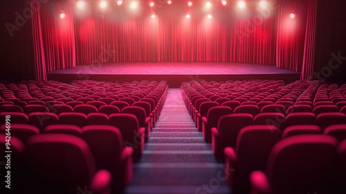 Empty Theater Seats with Red Curtains.