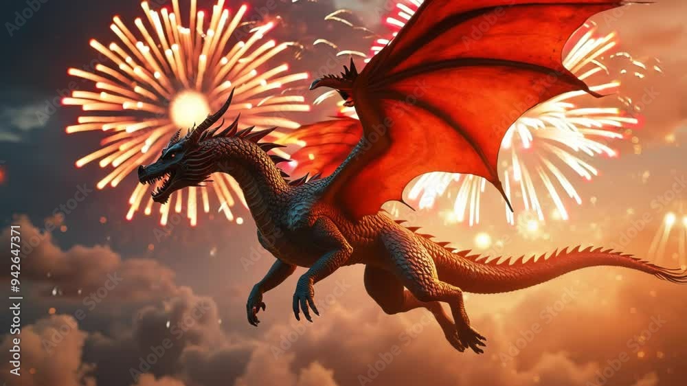 Majestic dragon soars through explosive fireworks display. Creature's scales reflect vibrant colors against twilight sky. Powerful wings spread wide, embodying freedom and mythical strength.	