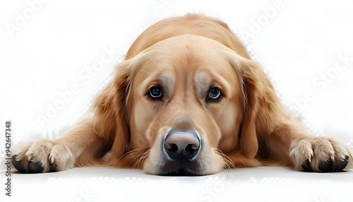 Sad golden retriever dog lying on the floor, pet isolated on transparent background, bored and unhappy animal