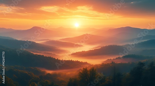 Breathtaking sunset over a misty mountain landscape, showcasing vibrant colors and serene beauty in nature.