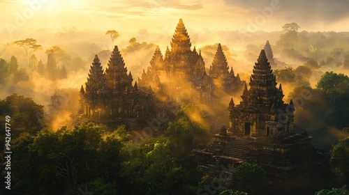 Ancient Temples Bathed in Golden Light and Mist