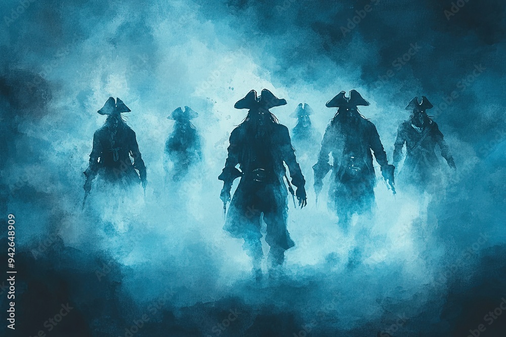 Fototapeta premium Ghostly pirate crew, emerging from the fog, haunted night, Watercolor style