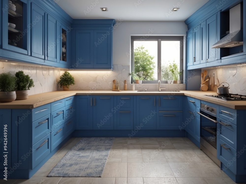 Modern Blue Kitchen with Wood Countertop and Stainless Steel Appliances Modern Blue Kitchen with Wood Countertop and Stainless Steel Appliances