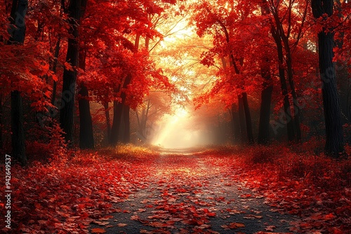 Colorful trees and footpath road in autumn landscape in deep forest. The autumn colors in the forest create a magnificent view. autumn view in nature