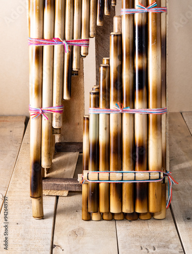 Panpipes on beige background isolated. Zampoña. Andean Instruments. South American instruments. Wind instruments. Pan flute.