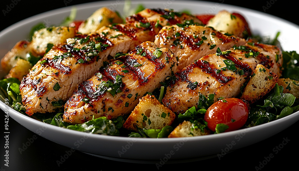 Grilled gourmet meal on plate with healthy vegetables generated by AI Grilled gourmet meal on plate with healthy vegetables generated by AI